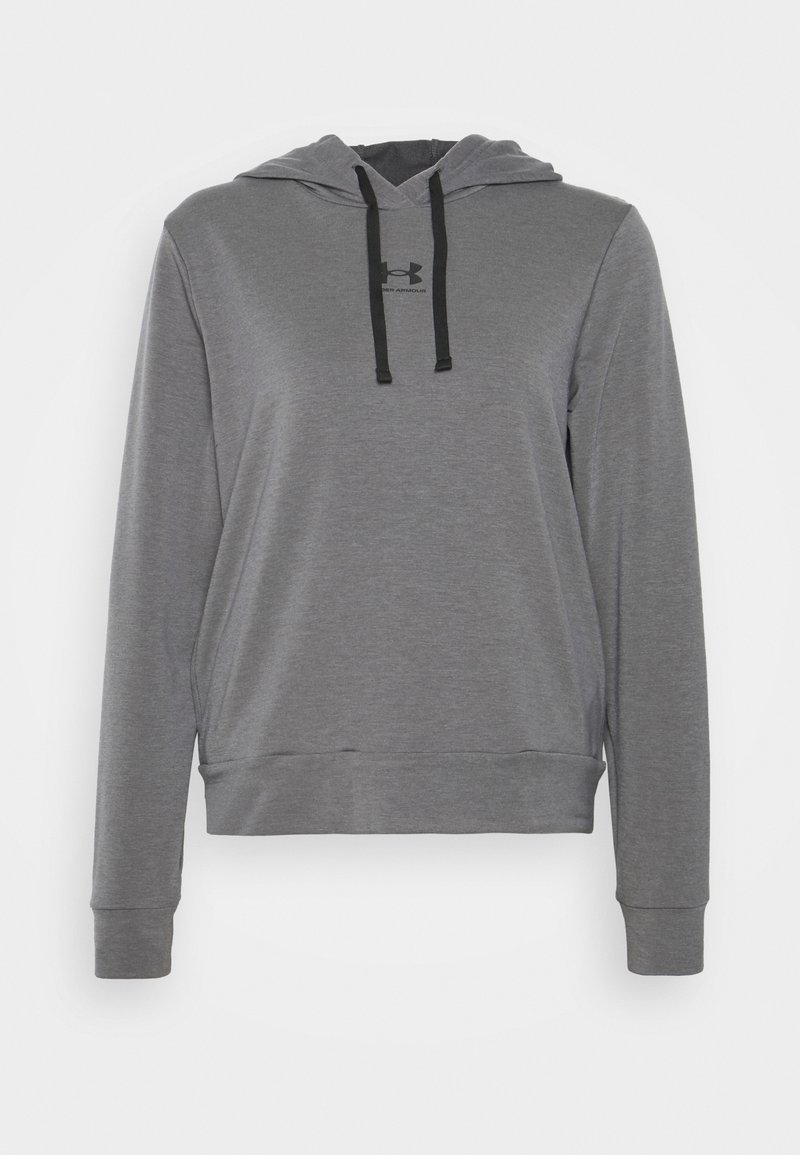 Sweat à capuche gris à manches longues avec cordons noirs et petit logo Under Armour centré sur la poitrine, présenté sur fond blanc.