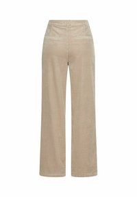 Beige corduroy wide-leg pants with a textured pattern, featuring two back pockets and a mid-rise waist.