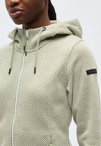 Κοντινό πλάνο ενός ατόμου που φοράει ανοιχτοπράσινο φούτερ με φερμουάρ και σχέδιο, με κορδόνι στην κουκούλα και μαύρο λογότυπο στο μανίκι.