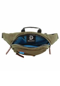 Olivgrüne Hüfttasche mit einem blauen gemusterten Innenfutter, ausgestattet mit einem Griff, Reißverschlussverschlüssen und bunten Hardware-Akzenten.