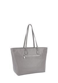Borsa a tracolla in pelle grigia con due manici lunghi, dotata di una tasca frontale con zip e una finitura testurizzata. Forma rettangolare con linee pulite.