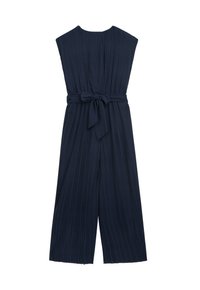 Marineblauer plissierter Jumpsuit mit einem Bindegürtel in der Taille und weitem Bein, mit einem Mock-Kragen und ärmellosem Design.