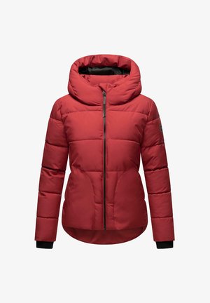 Červená nafúknutá bunda s vysokým golierom, zipsom vpredu a čiernymi akcentovými manžetami. Má prešívanú textúru a priliehavý strih.