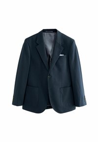 Marineblå blazer lavet af stof med en glat tekstur. Har to frontlommer, en brystlomme og knapdetaljer på ærmerne.