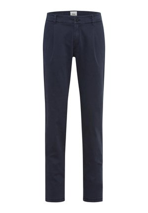 Pantaloni blu navy scuro realizzati in tessuto misto cotone, con vestibilità slim, tasche frontali e chiusura con bottone.