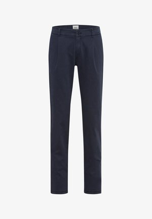 Pantaloni blu navy scuro realizzati in tessuto misto cotone, con vestibilità slim, tasche frontali e chiusura con bottone.