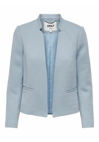 Light blue blazer made of textured fabric, featuring a shawl collar, two front pockets, and a clean, open front design.