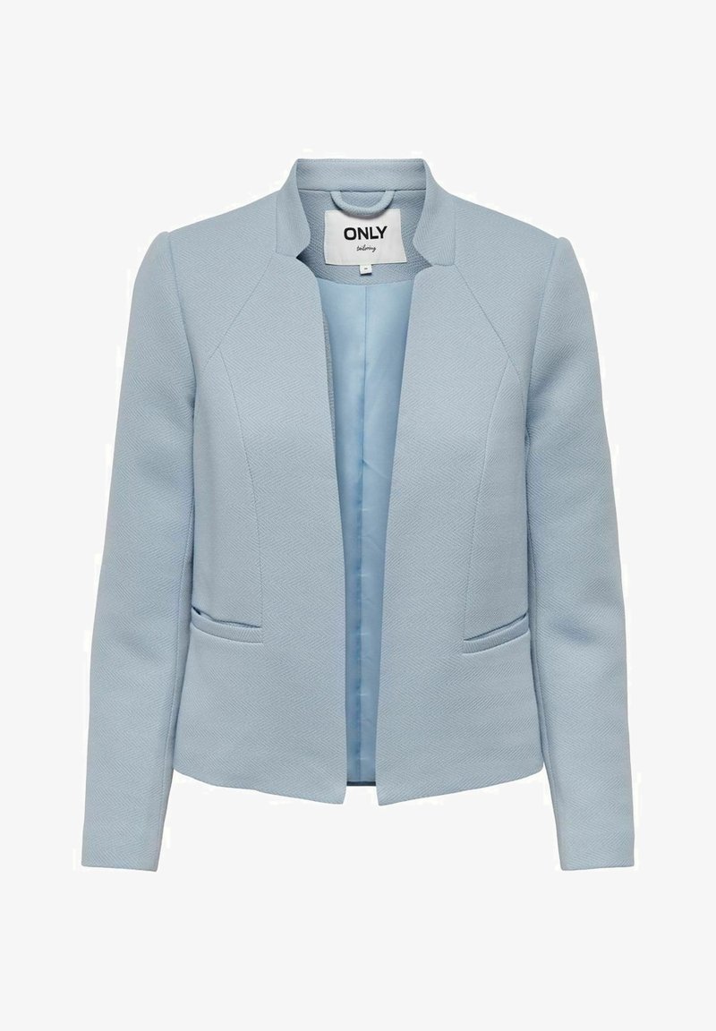 Light blue blazer made of textured fabric, featuring a shawl collar, two front pockets, and a clean, open front design.