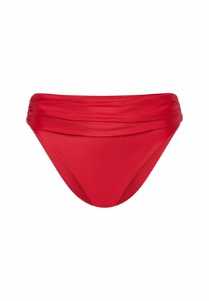 Czerwony dół bikini z marszczonym pasem, gładką fakturą i umiarkowanym zakryciem. Wykonany z elastycznego materiału kąpielowego.