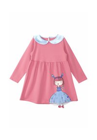 Vaaleanpunainen pitkähihainen mekko, jossa on vaaleansininen kaulus ja painettu tyttöhahmo raidallisessa paidassa ja pilkullisessa tyllihameessa.