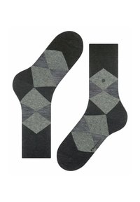Graue Baumwollsocken mit einem Rautenmuster in verschiedenen Grauschattierungen und einer strukturierten Oberfläche. Barrierefreies Design mit glatten Kanten.