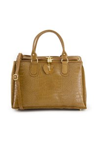 Sac à main en cuir synthétique crocodile marron avec un design structuré, des accents en métal doré, des poignées doubles et une bandoulière ajustable.
