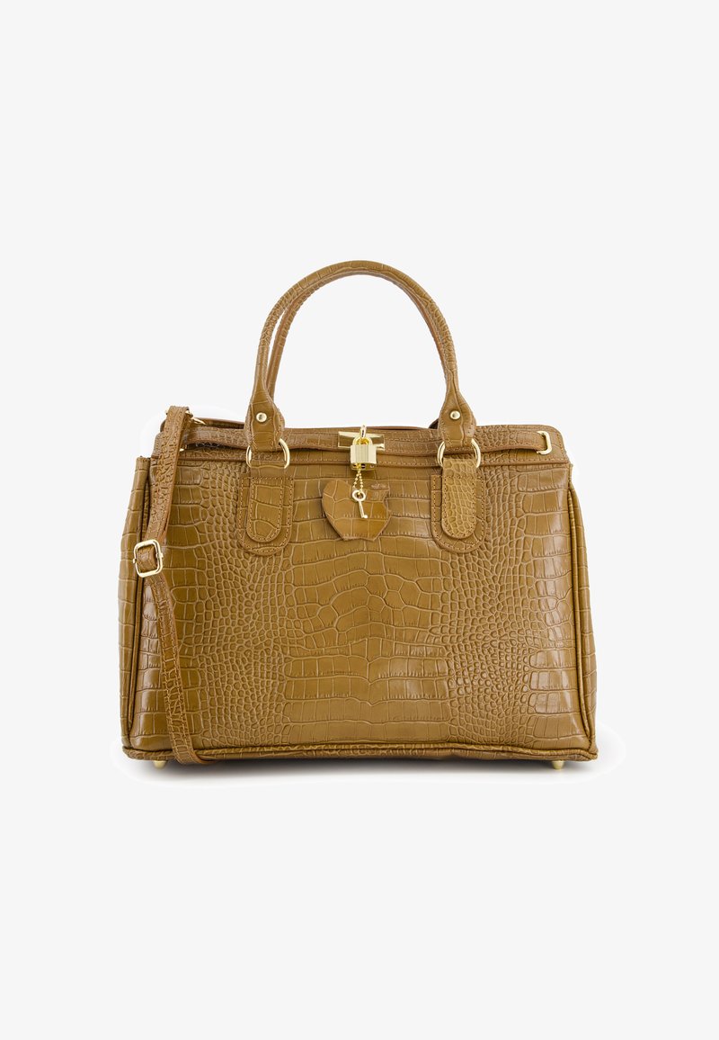 Braune Kunstleder-Handtasche im Krokodil-Look mit strukturiertem Design, goldenen Hardware-Akzenten, doppelten Griffen und einem verstellbaren Schultergurt.