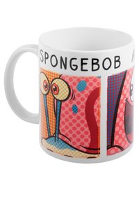 Mug in ceramica bianca con un vivace design pop art che rappresenta immagini di una lumaca, grandi occhi e il testo "SPONGEBOB" su uno sfondo a pois.