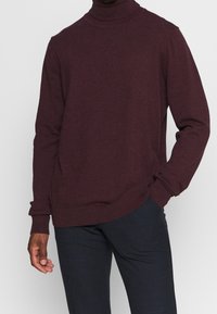 Bordeauxroter Rollkragenpullover aus weichem Strickstoff mit langen Ärmeln und lockerem Schnitt, kombiniert mit dunklen, gemusterten Hosen.