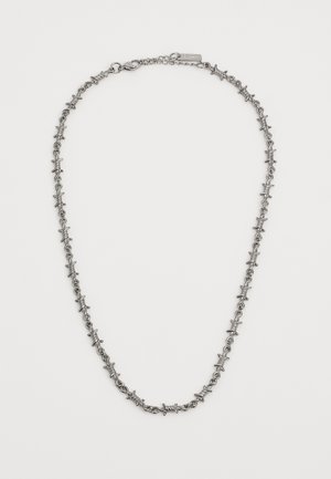 Silver chain necklace featuring interconnected bar shapes with textured accents, clasp on one end, suitable for various occasions.