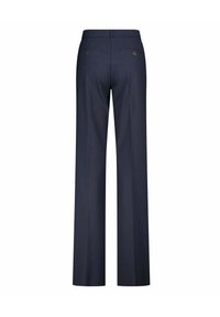 Navyblauwe wijde broek met een gladde textuur, met een middelhoge taille, twee achterzakken en subtiele knoopaccenten.