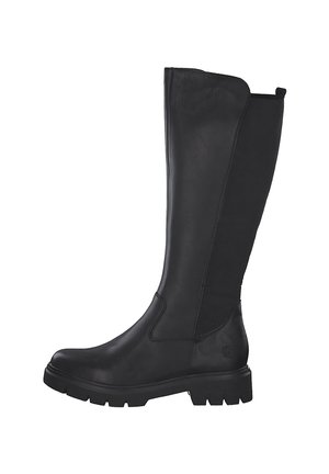 Bottes noires montantes en cuir lisse avec des panneaux latéraux en élasthanne, une semelle en caoutchouc épaisse et un minimum de détails en métal.