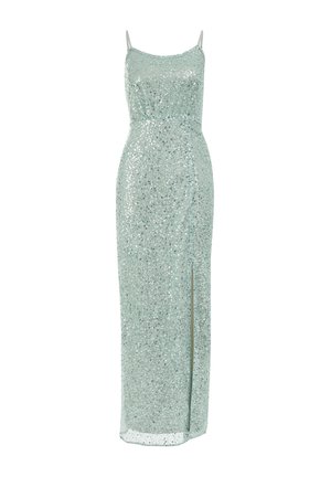 Robe en sequins vert menthe avec une silouhette ajustée, des bretelles spaghetti et une fente haute sur la cuisse. Texture lisse avec des accents réfléchissants.