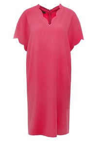 Rosa, kurzärmliges Kleid mit einem gewellten V-Ausschnitt und glattem, strukturiertem Stoff. Verfügt über einen dezenten Reißverschluss auf der Rückseite zum Schließen.