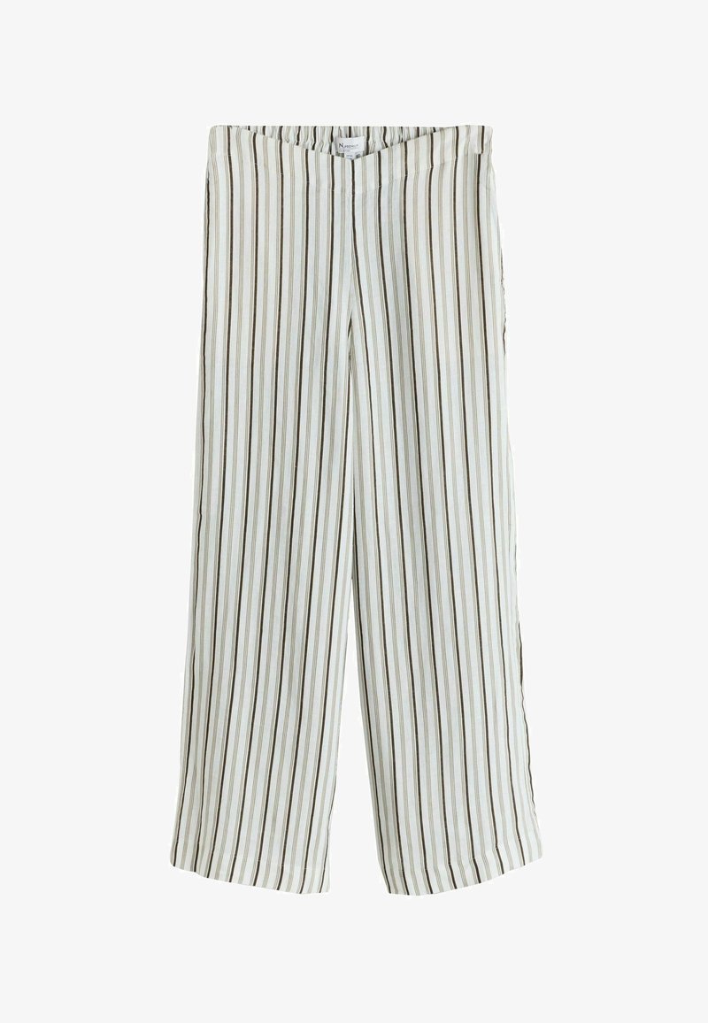 Pantalon blanc à jambes larges avec de fines rayures verticales noires et brunes, taille élastique et coupe décontractée.