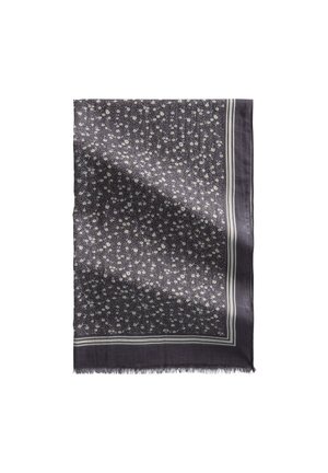 Sciarpa grigio scuro con piccolo motivo floreale bianco e bordo a righe, leggermente spiegazzata con bordi sfrangiati.