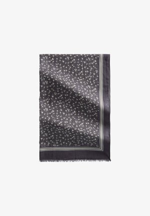Écharpe gris foncé avec petit motif floral blanc et bordure rayée, légèrement froissée avec des bords à franges.