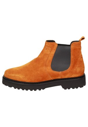 Suede ankle boot in orange with black elastic side panels, textured finish, round toe, and rugged rubber sole with tread patterns.