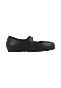 Czarne skórzane buty Mary Jane z zaokrąglonym noskiem, paskiem na śródstopiu i elastyczną gumową podeszwą, charakteryzujące się gładką teksturą i minimalistycznym designem.