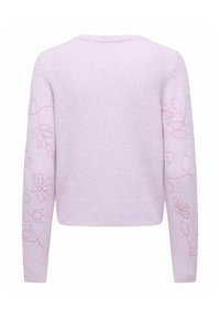 Pull en tricot violet clair à manches longues, orné d'une broderie florale rose subtile le long des deux manches.