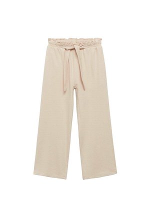 Béžové kalhoty s širokými nohavicemi, nařaseným pasem, nastavovacím páskem a jemnou texturou. Látka působí lehce a hladce, bez viditelných vzorů.