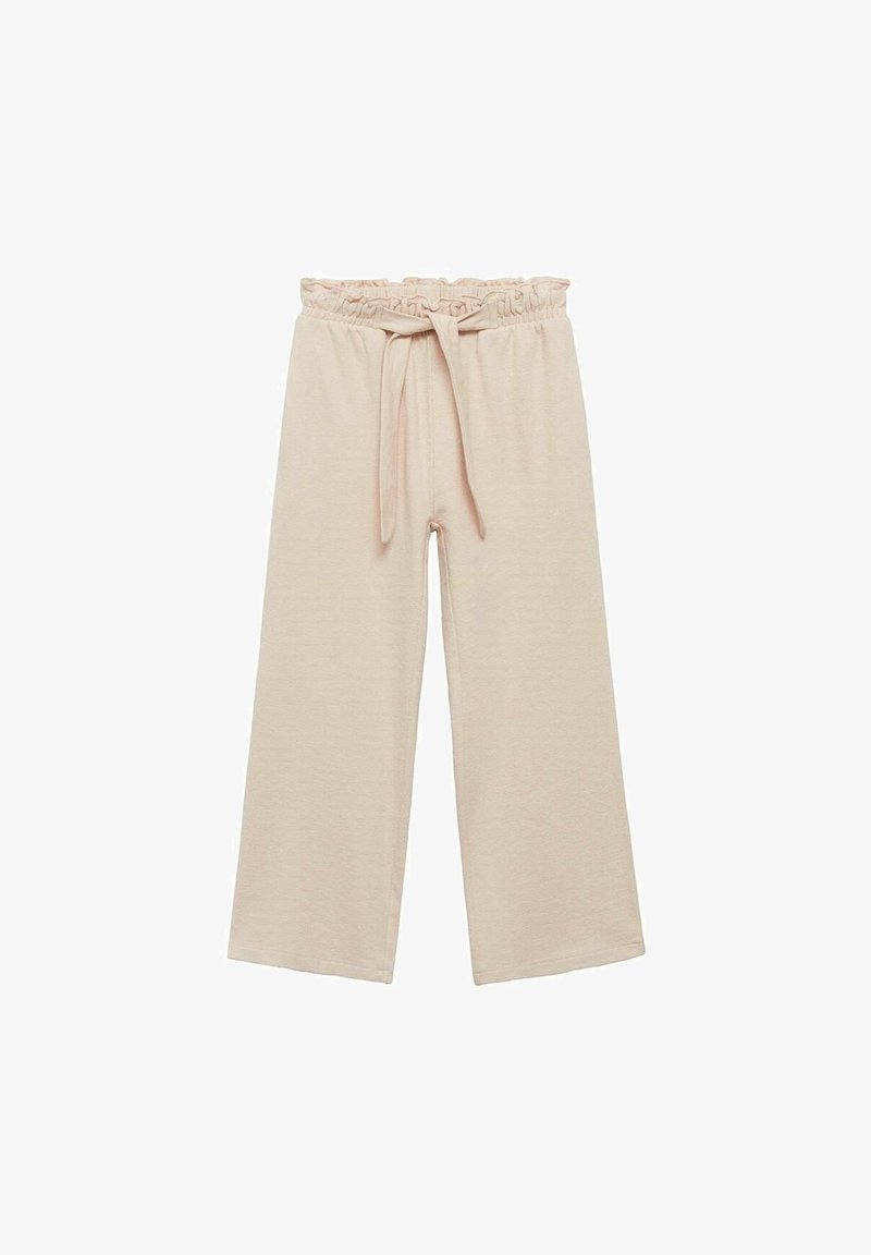 Pantalon beige à jambes larges avec une taille froncée, un lien ajustable et une texture douce. Le tissu semble léger et lisse, sans motifs visibles.