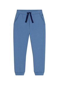 Blaue Sweatpants aus weichem Stoff, mit einem Kordelzugbund, zwei seitlichen Taschen und gerippten Bündchen. Keine sichtbaren Logos oder Muster.