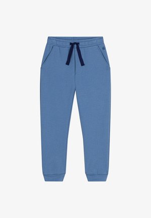 Lichte blauwe sweatpants van zacht materiaal, met een trekkoord in de taille, twee zijzakken en ribgebreide manchetten. Geen zichtbare logo's of patronen.