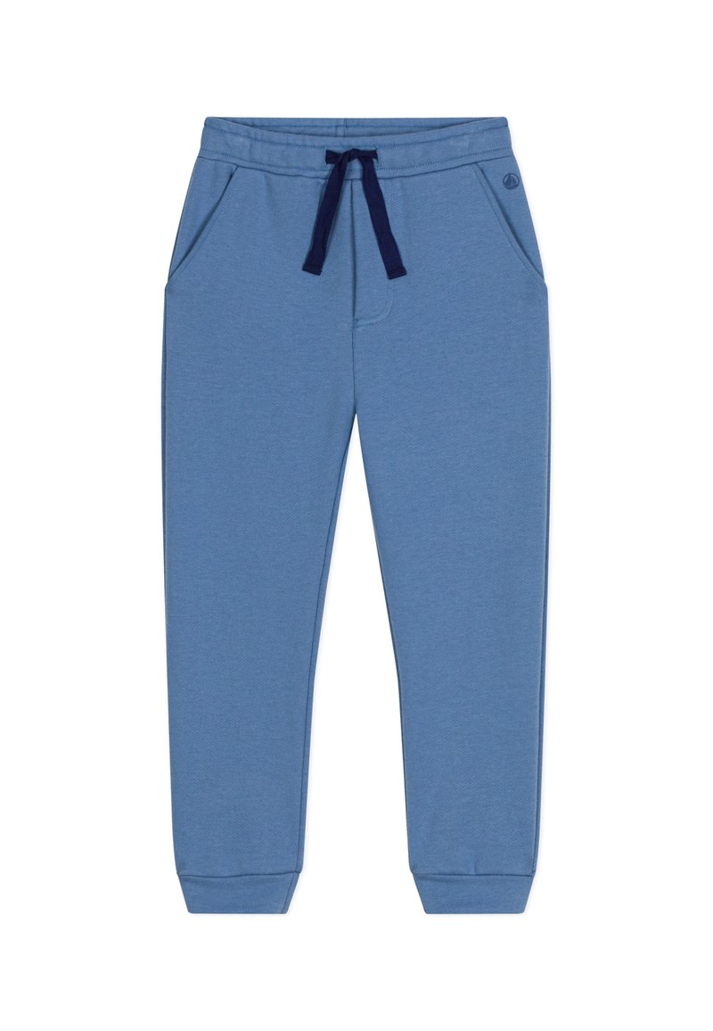 Blaue Sweatpants aus weichem Stoff, mit einem Kordelzugbund, zwei seitlichen Taschen und gerippten Bündchen. Keine sichtbaren Logos oder Muster.