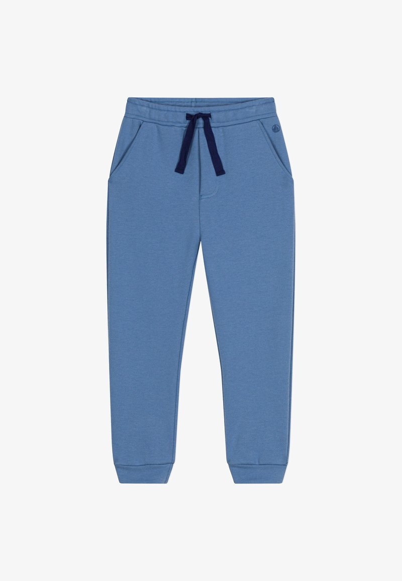 Blaue Sweatpants aus weichem Stoff, mit einem Kordelzugbund, zwei seitlichen Taschen und gerippten Bündchen. Keine sichtbaren Logos oder Muster.