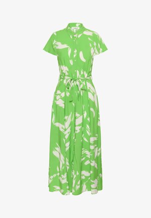 Robe midi verte à manches courtes et col, ornée d'un motif abstrait en coups de pinceau blancs et ceinture assortie à la taille. Texture satinée.