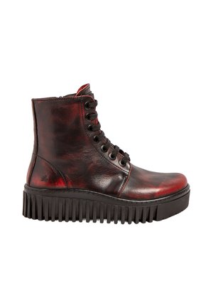 Schwarzer und dunkelroter Leder-Stiefelette mit vorderer Schnürung und dicker, profilierter Plateausohle.