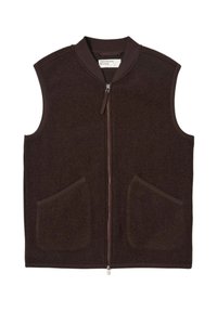Gilet in lana marrone con zip frontale, colletto rotondo e due tasche frontali. Presenta una texture liscia e un design aderente.