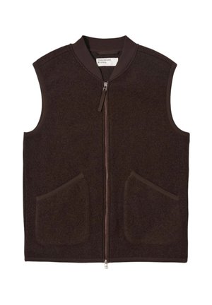 Gilet in lana marrone con zip frontale, colletto rotondo e due tasche frontali. Presenta una texture liscia e un design aderente.