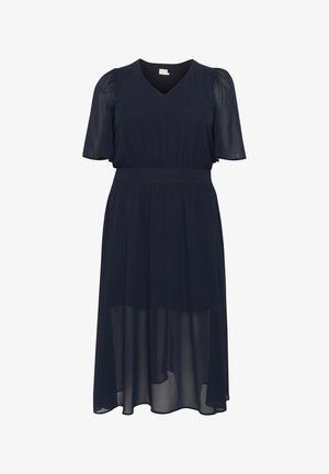 Granatowa sukienka z dekoltem w kształcie litery V, krótkimi bufiastymi rękawami oraz dopasowaną talią. Przezroczysty materiał na spódnicy, tworzący warstwowy wygląd. Gładka faktura.