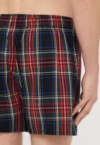 Szorty w kratę z wielokolorowym wzorem z czerwonymi, zielonymi, żółtymi i niebieskimi liniami na czarnym tle. Elastyczny pas, luźny krój.