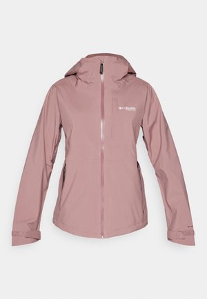 Light pink waterproof jacket with a hood, front zipper, and long sleeves. Features two side pockets and a logo on the upper left chest.