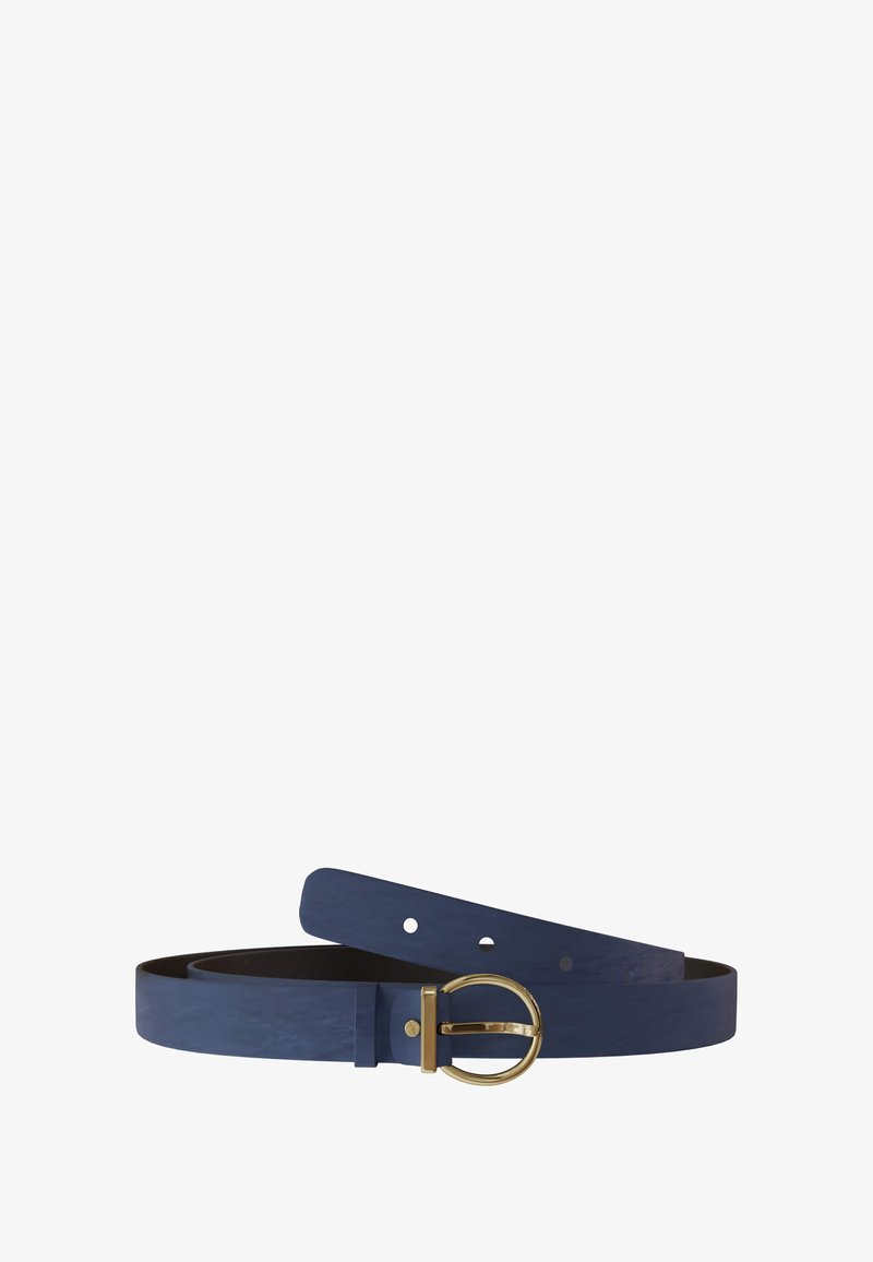 Marineblaue Gürtelschnalle aus glattem Material mit einer runden goldenen Schnalle und Halter. Verfügt über fünf Löcher zur Größenanpassung und hat ein flaches Ende.