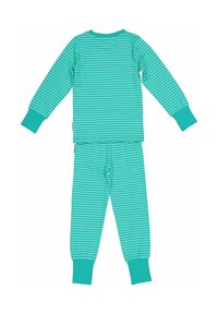 Turkosrandig pyjamasset, med långa ärmar och manschetter, samt matchande byxor. Mjuk tyg och elastisk midja för komfort.