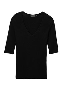 Haut noir tricoté avec un décolleté en V et des manches courtes, présentant une texture côtelée et une silhouette droite. Le tissu semble doux et extensible.