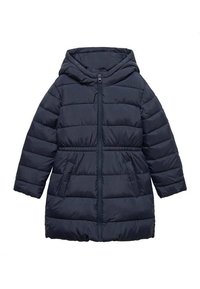 Marinblå vadderad lång pufferjacka med huva, framsidans dragkedja och sidofickor, designad för värme och avslappnad användning.