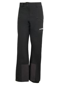 Čierne vonkajšie nohavice vyrobené z odolného materiálu; obsahujú vrecká na zips, spevnené dolné sekcie a zapínanie na gombík v oblasti pása.