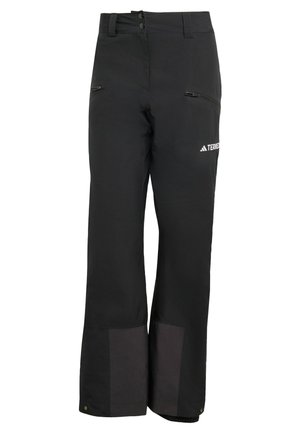 Svarta utomhusbyxor i slitstarkt tyg; har blixtlåsfickor, förstärkta nedre delar och en knäppning i midjan.