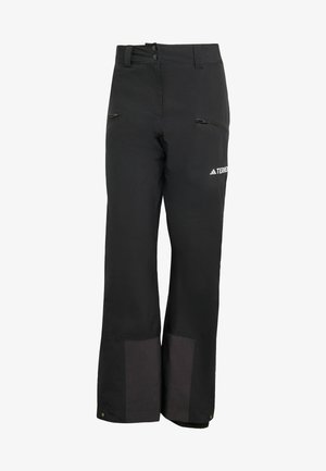 Mustat ulkoiluhousut, jotka on valmistettu kestävästä kankaasta; varustettu vetoketjullisilla taskuilla, vahvistetuilla alaosilla ja napitettavalla vyötärönauhalla.